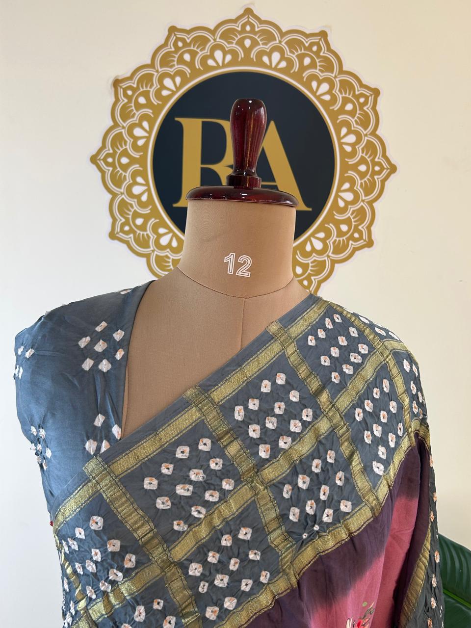 Onion pink printed pure gajji silk with bandhini blouse saree