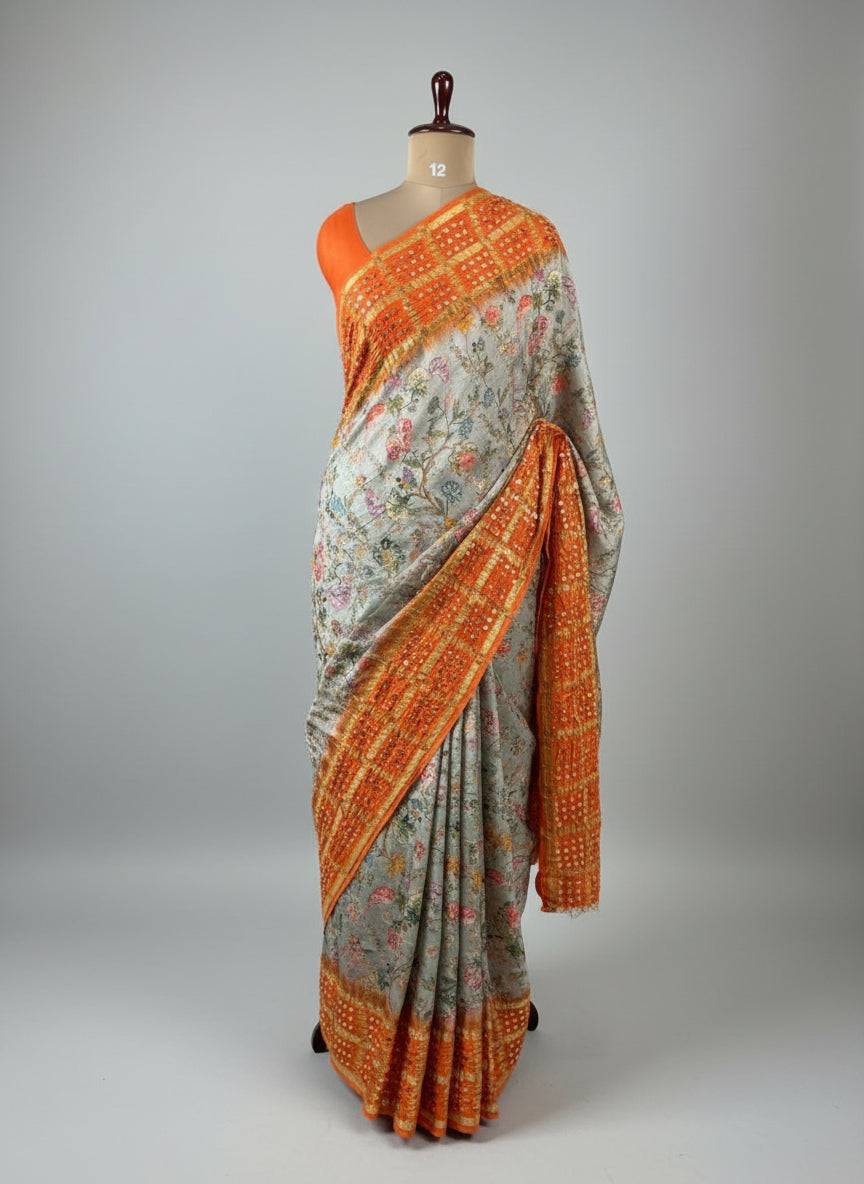 Grey n orange printed pure gajji silk with bandhini blouse saree