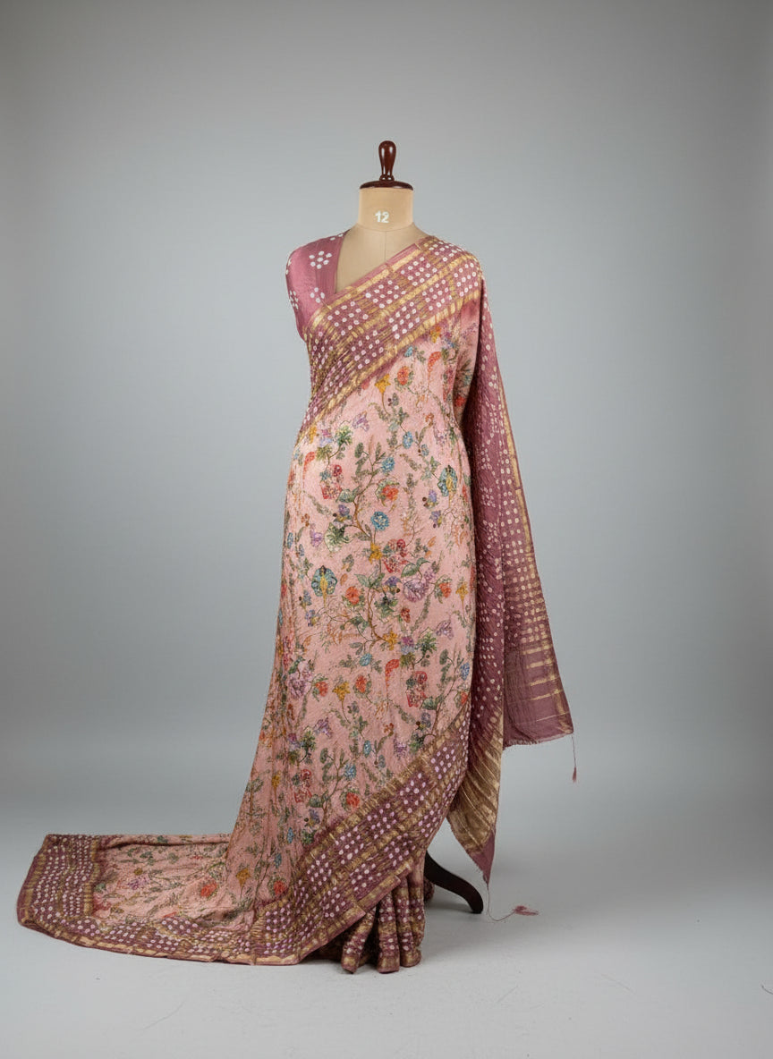 Pastel pink printed pure gajji silk with bandhini blouse saree