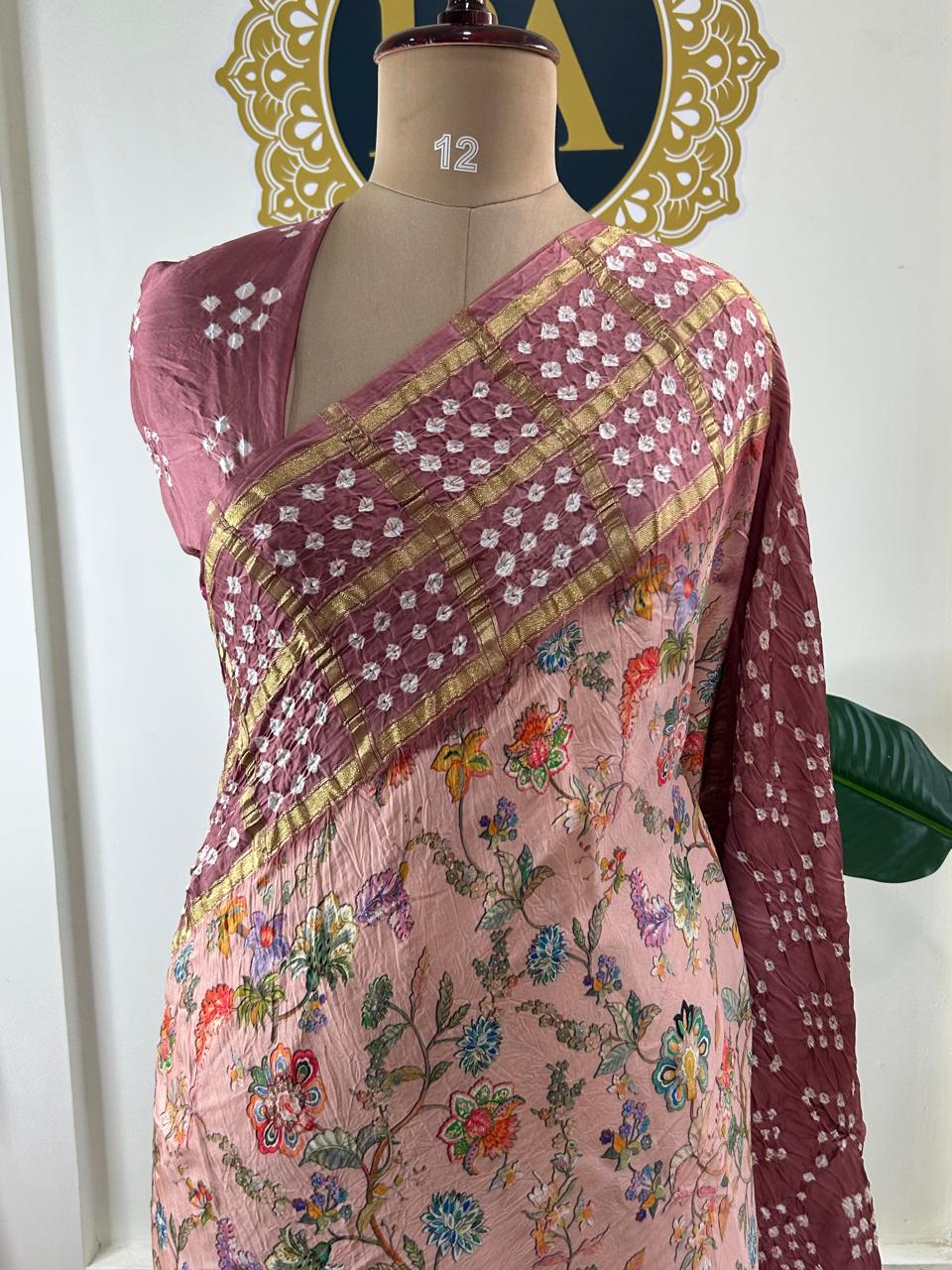 Pastel pink printed pure gajji silk with bandhini blouse saree