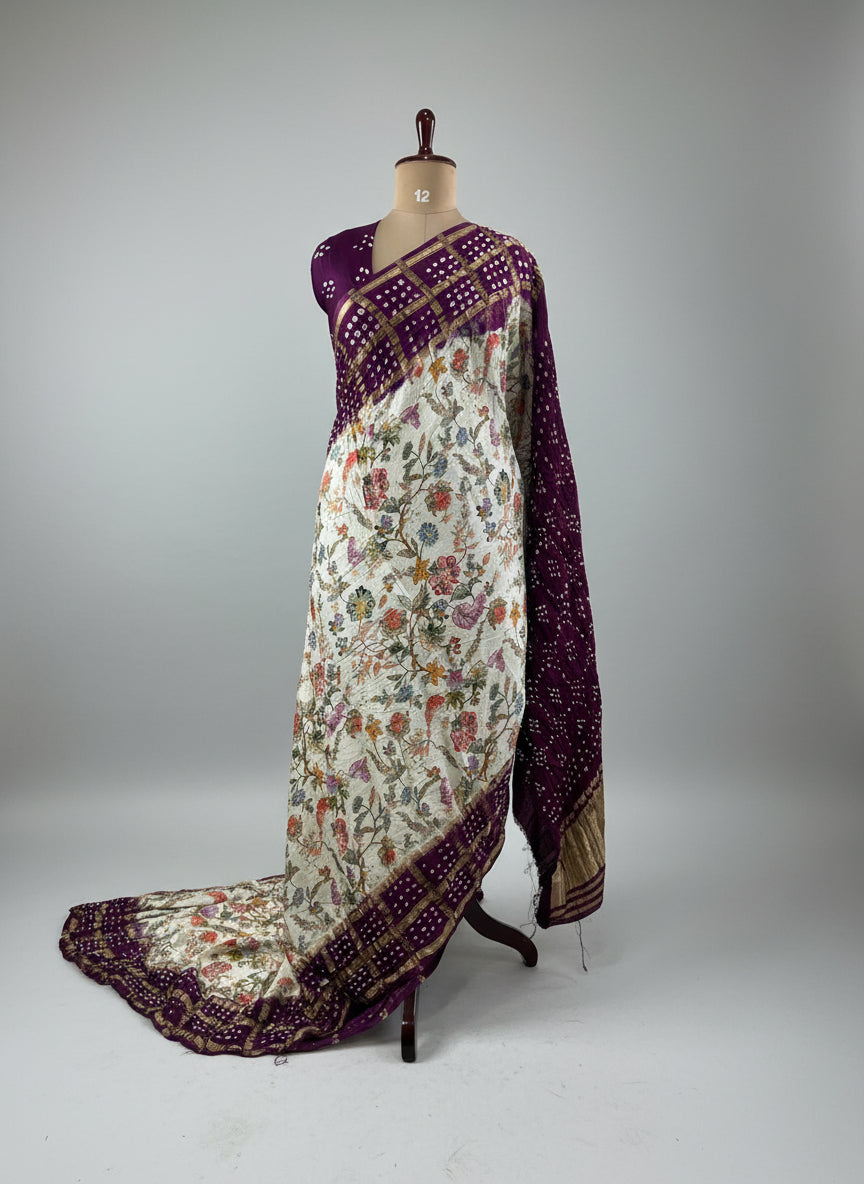 Cream n purple printed pure gajji silk with bandhini blouse saree