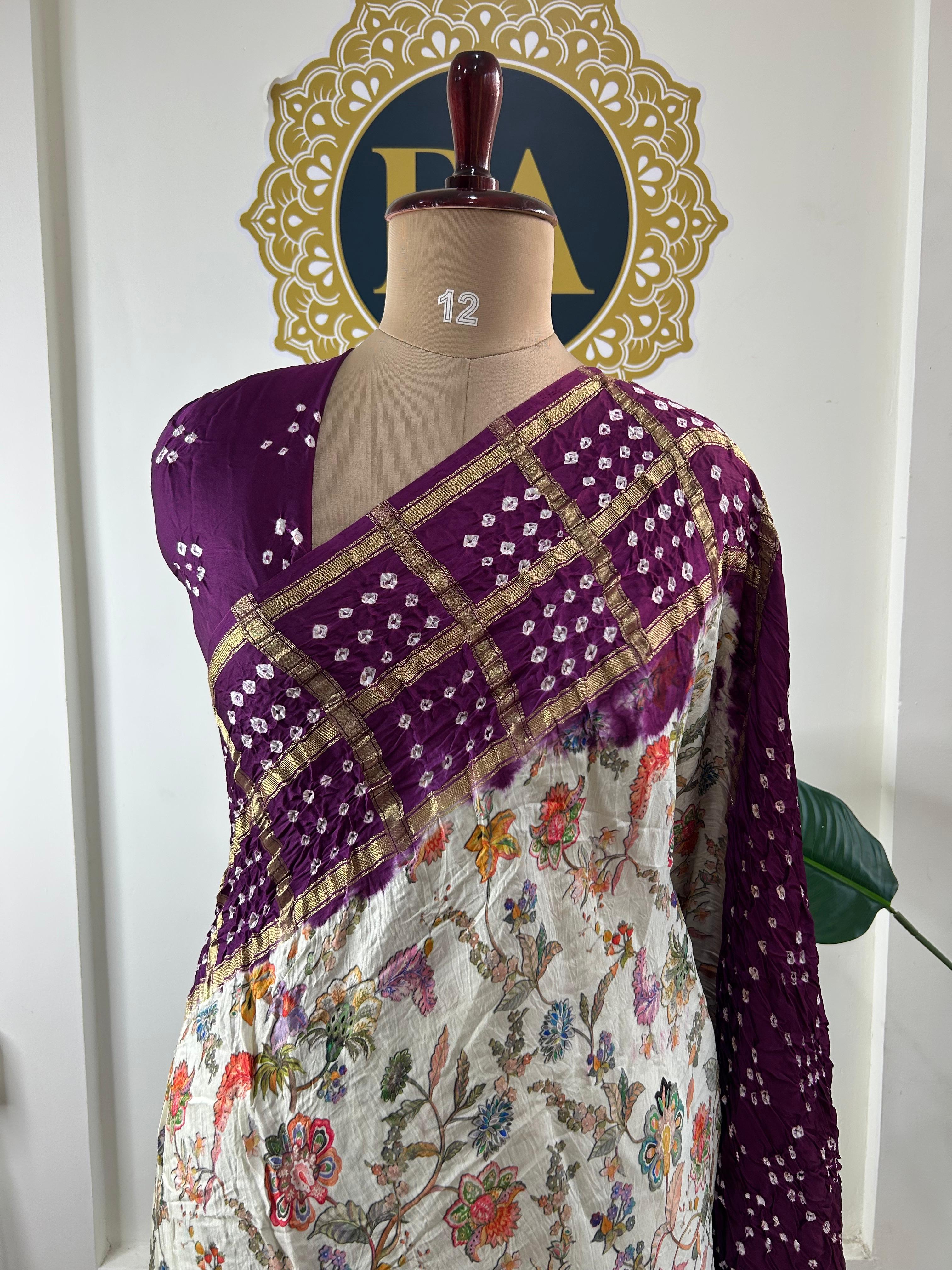 Cream n purple printed pure gajji silk with bandhini blouse saree