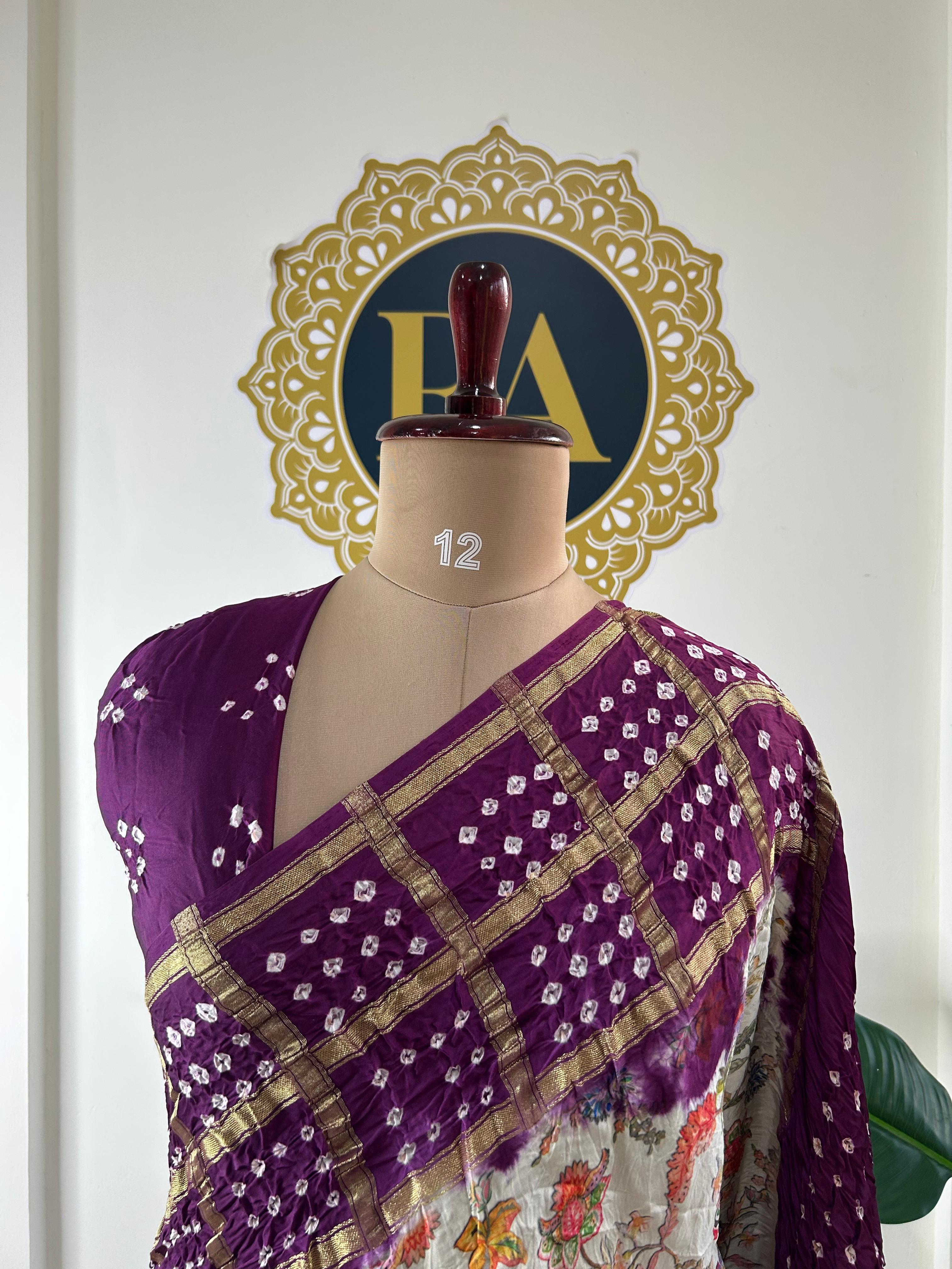 Cream n purple printed pure gajji silk with bandhini blouse saree