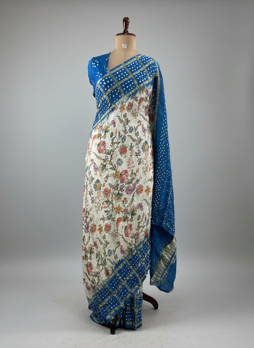 Cream n blue printed pure gajji silk with bandhini blouse saree