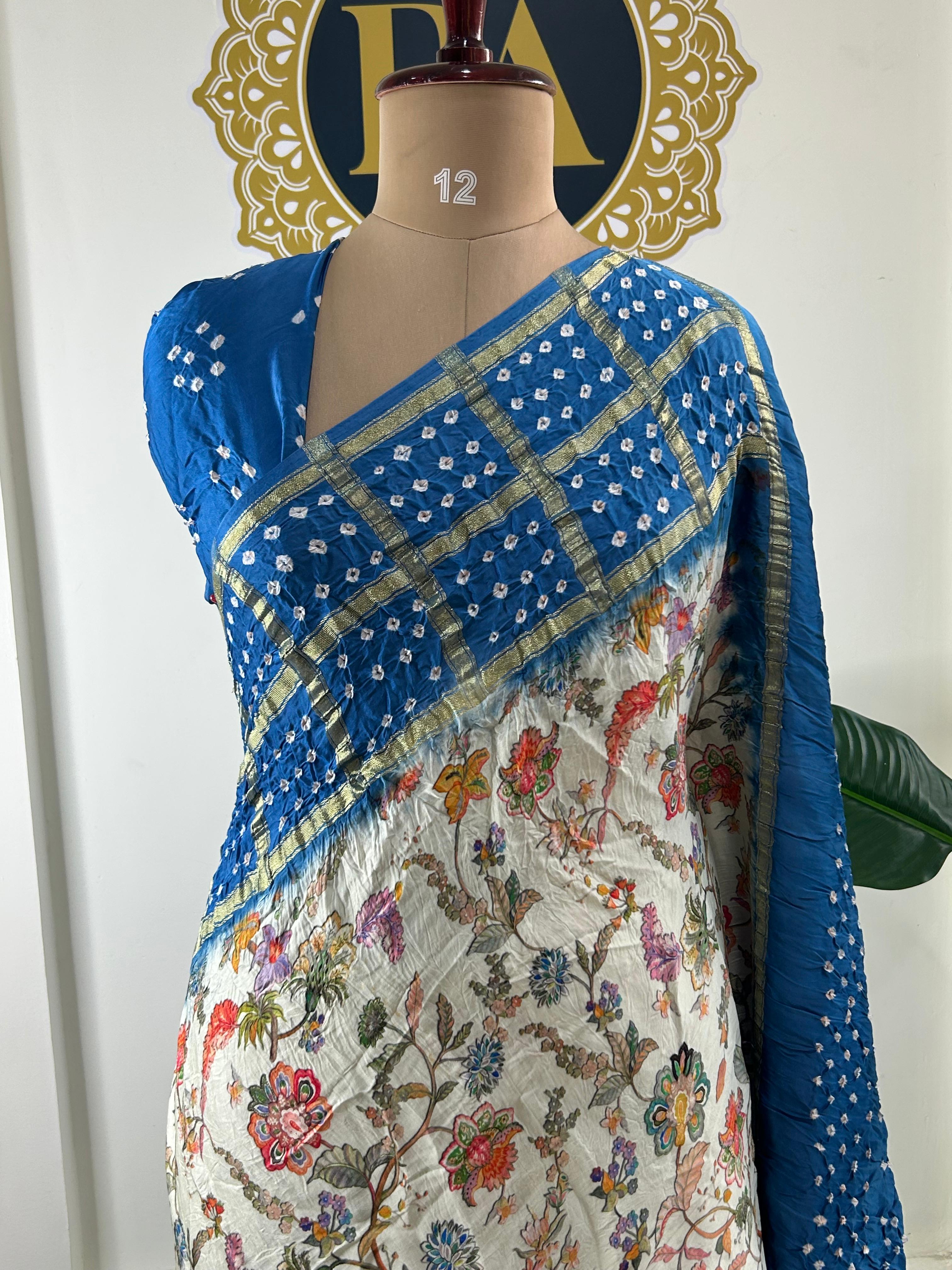 Cream n blue printed pure gajji silk with bandhini blouse saree