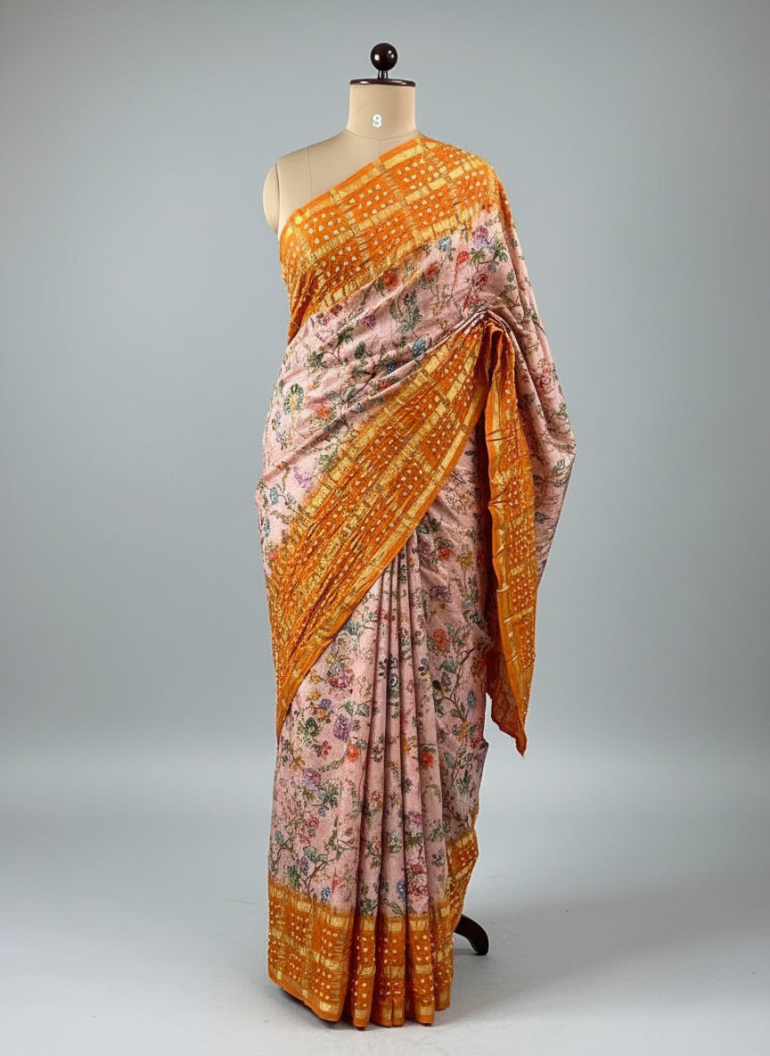 Pastel pink n orange printed pure gajji silk with bandhini blouse saree