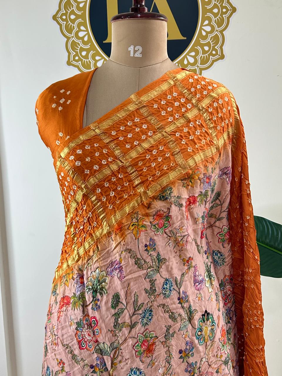 Pastel pink n orange printed pure gajji silk with bandhini blouse saree