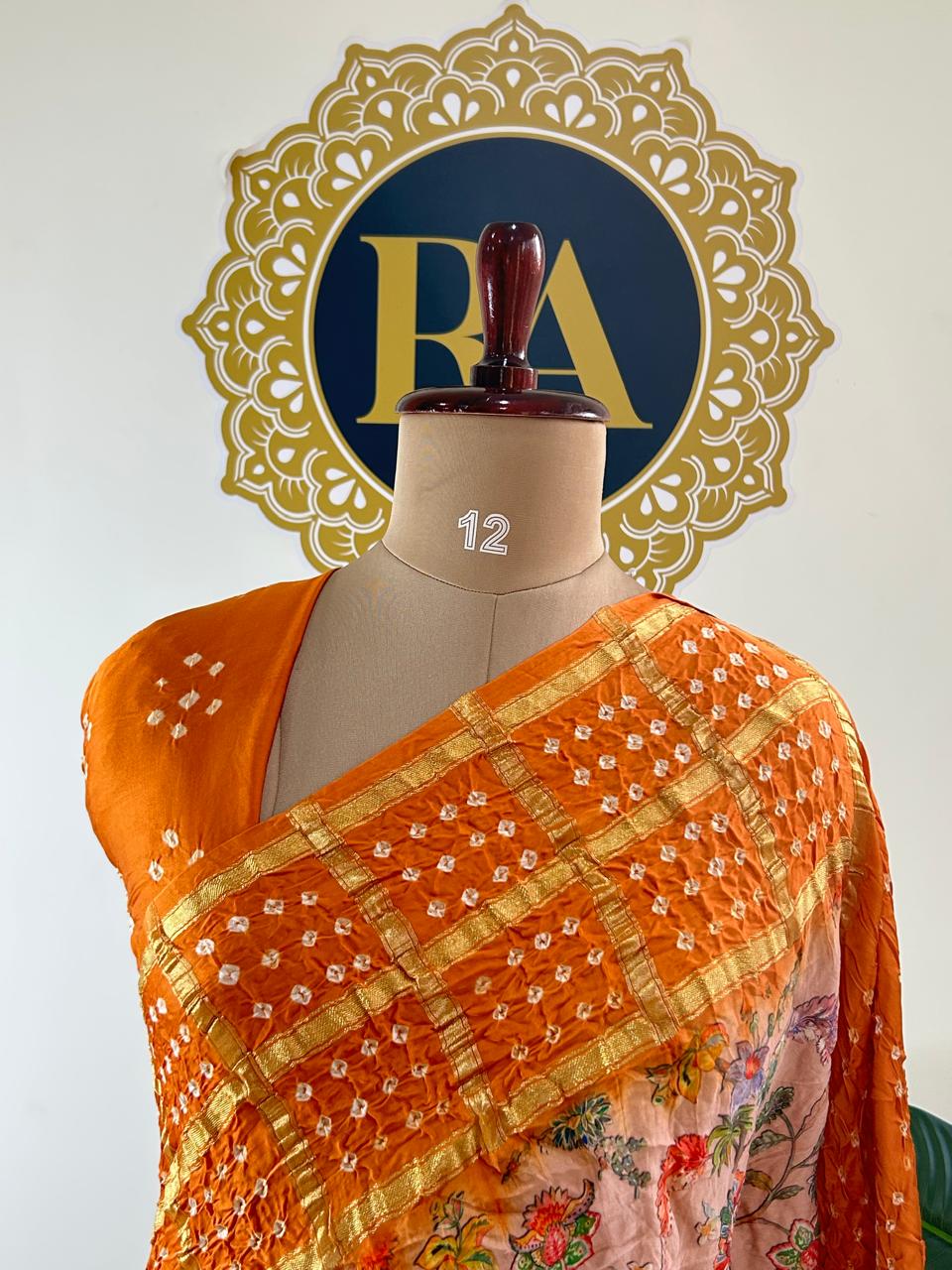 Pastel pink n orange printed pure gajji silk with bandhini blouse saree