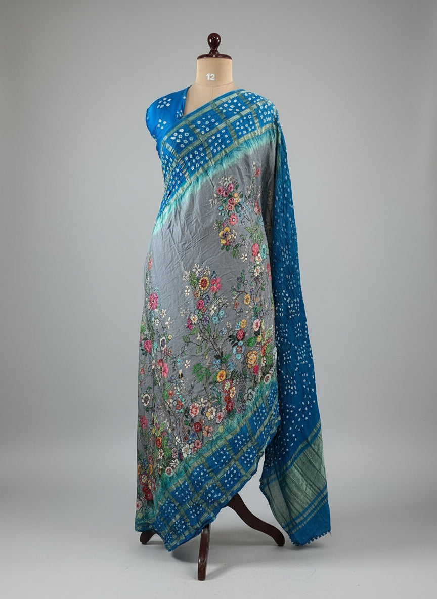 Dark grey n blue printed pure gajji silk with bandhini blouse saree