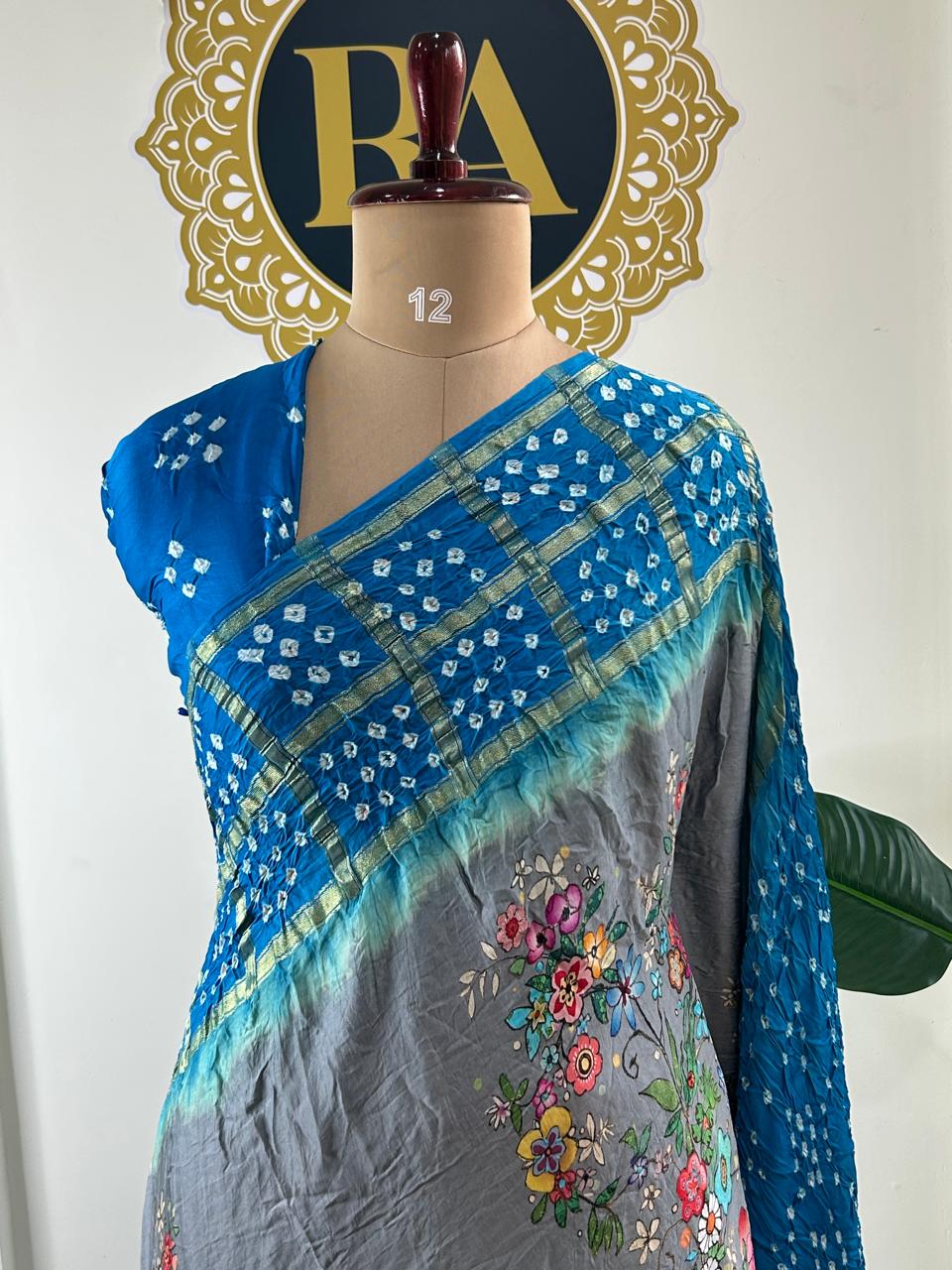 Dark grey n blue printed pure gajji silk with bandhini blouse saree