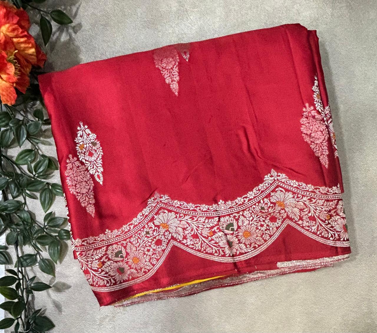 Red small butta scallop border satin crepe saree
