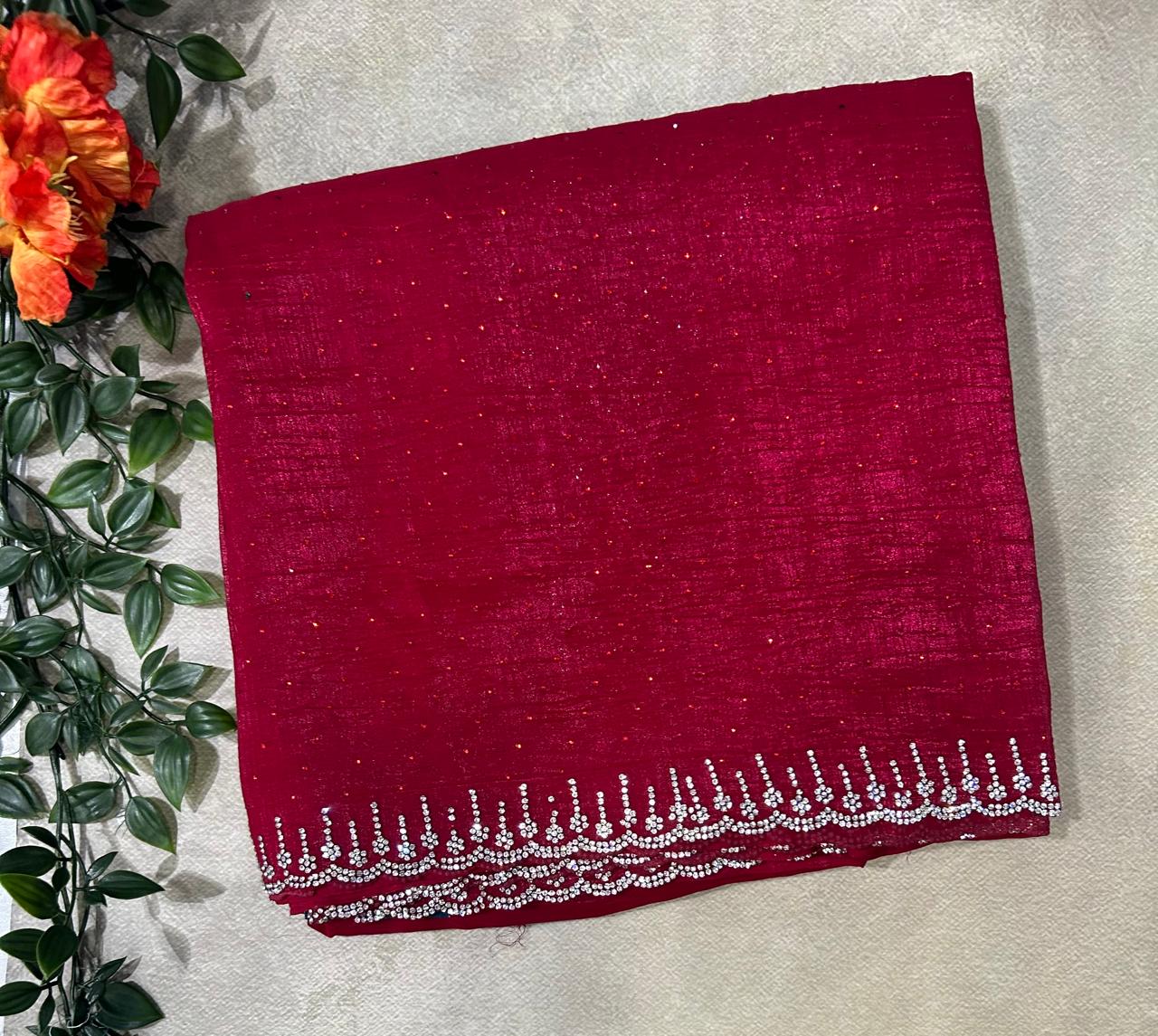 Red crush tissue stone work party wear saree