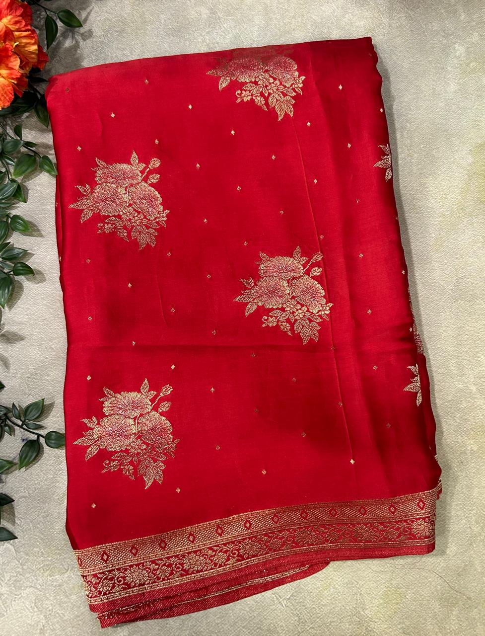 Red big butta small border satin crepe saree