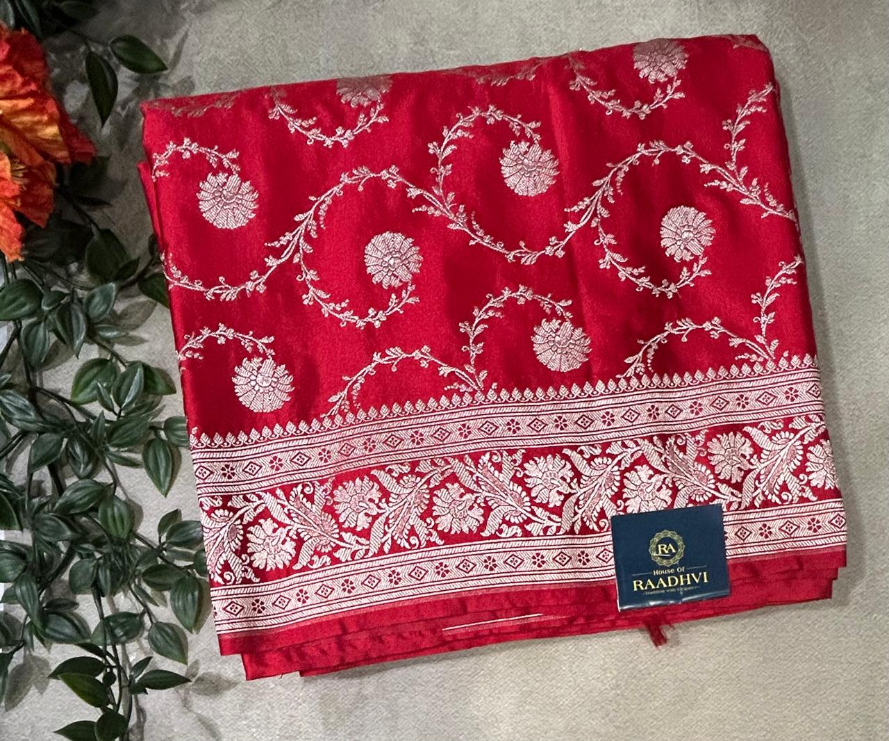 Red silver zari jaal satin saree