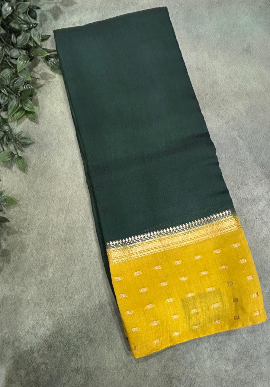 Bottle green n yellow butta border mul tussar crepe saree