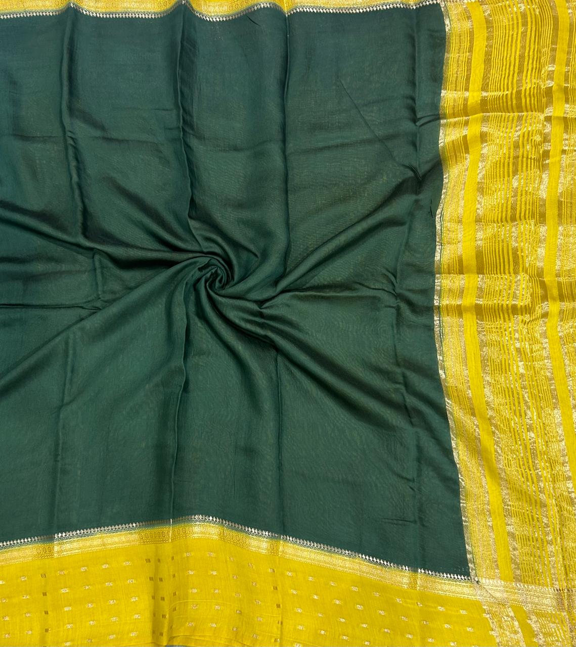 Bottle green n yellow butta border mul tussar crepe saree