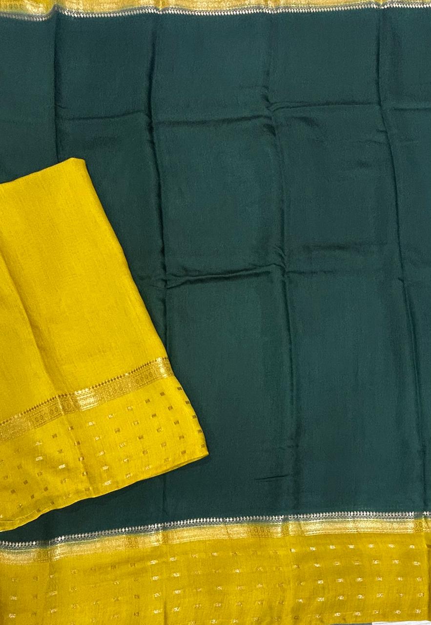 Bottle green n yellow butta border mul tussar crepe saree