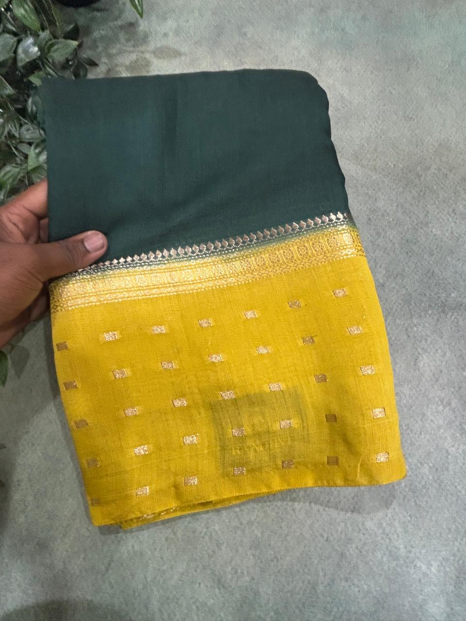 Bottle green n yellow butta border mul tussar crepe saree