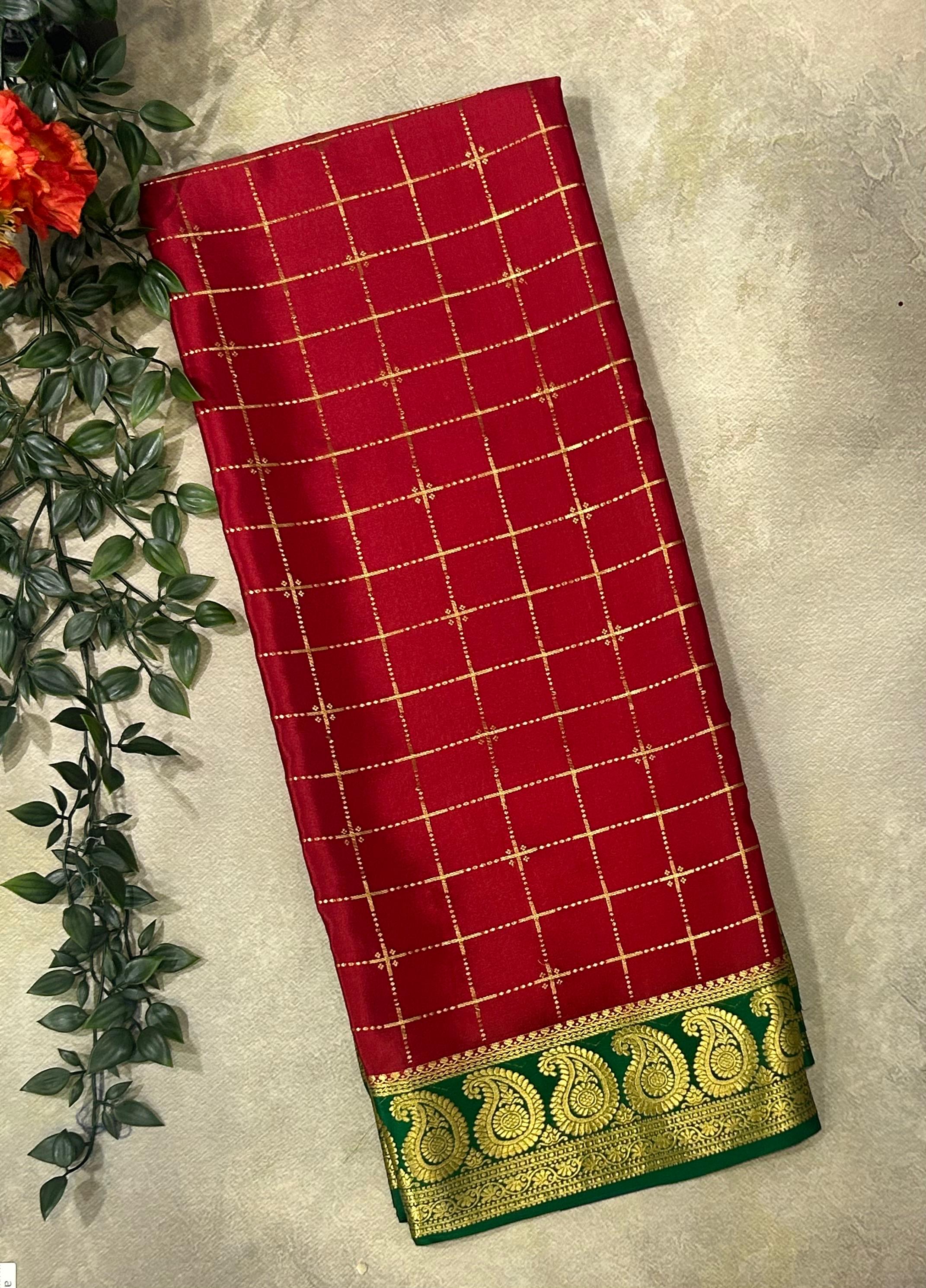 Red small checks mango border pure Mysore crepe silk saree