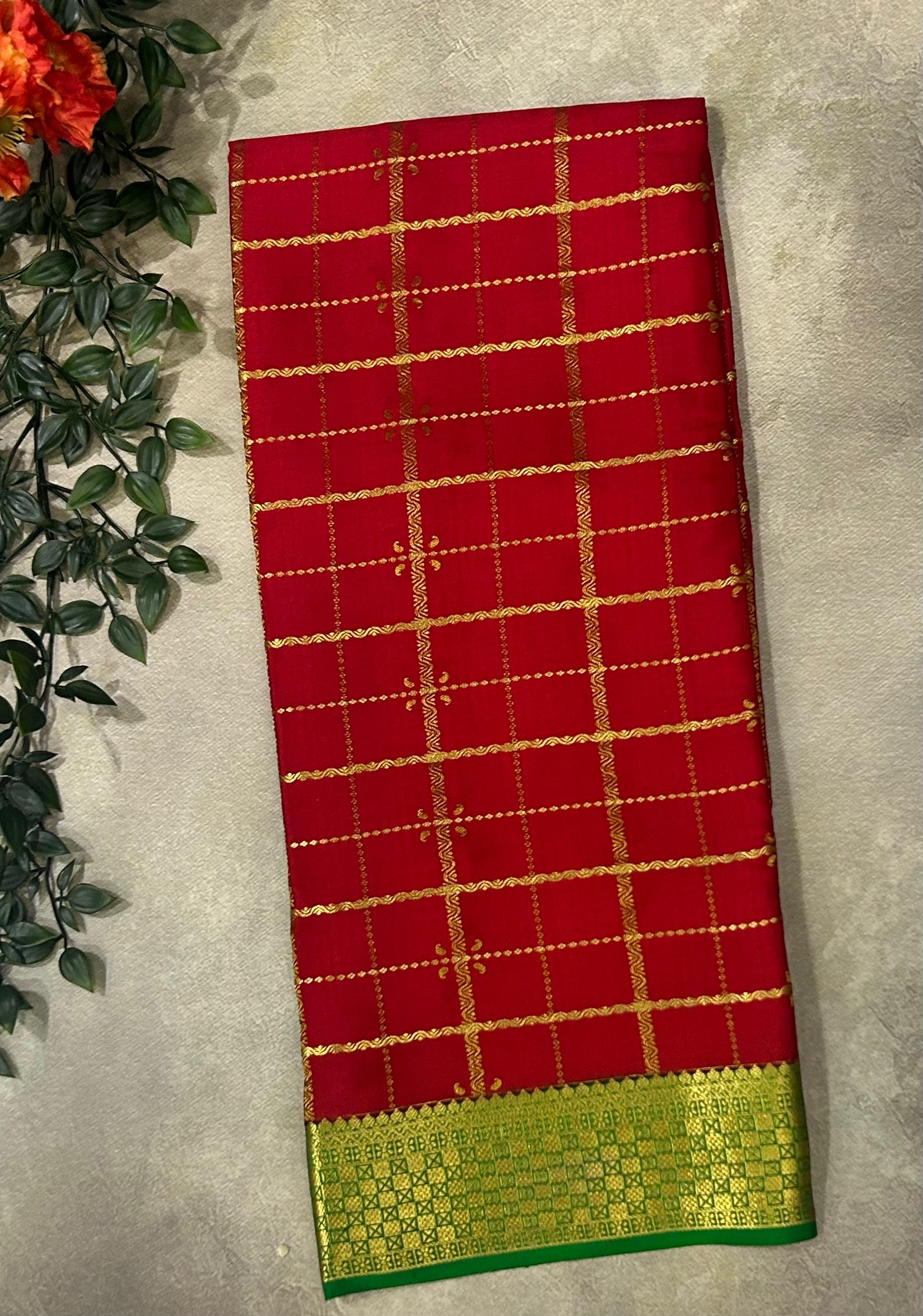 Red small checks  pure Mysore crepe silk saree