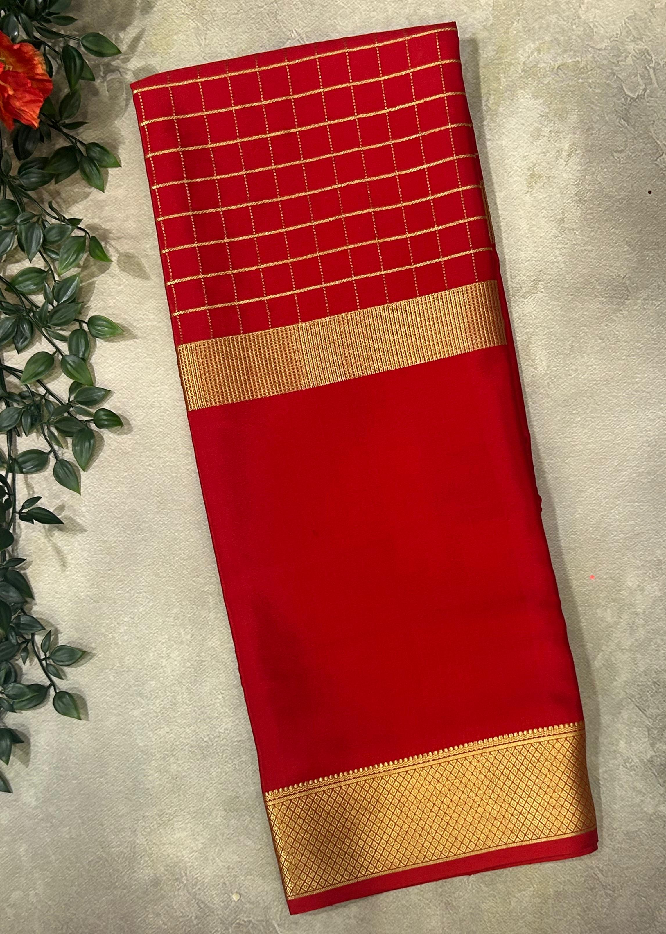 Red self small checks  pure Mysore crepe silk saree