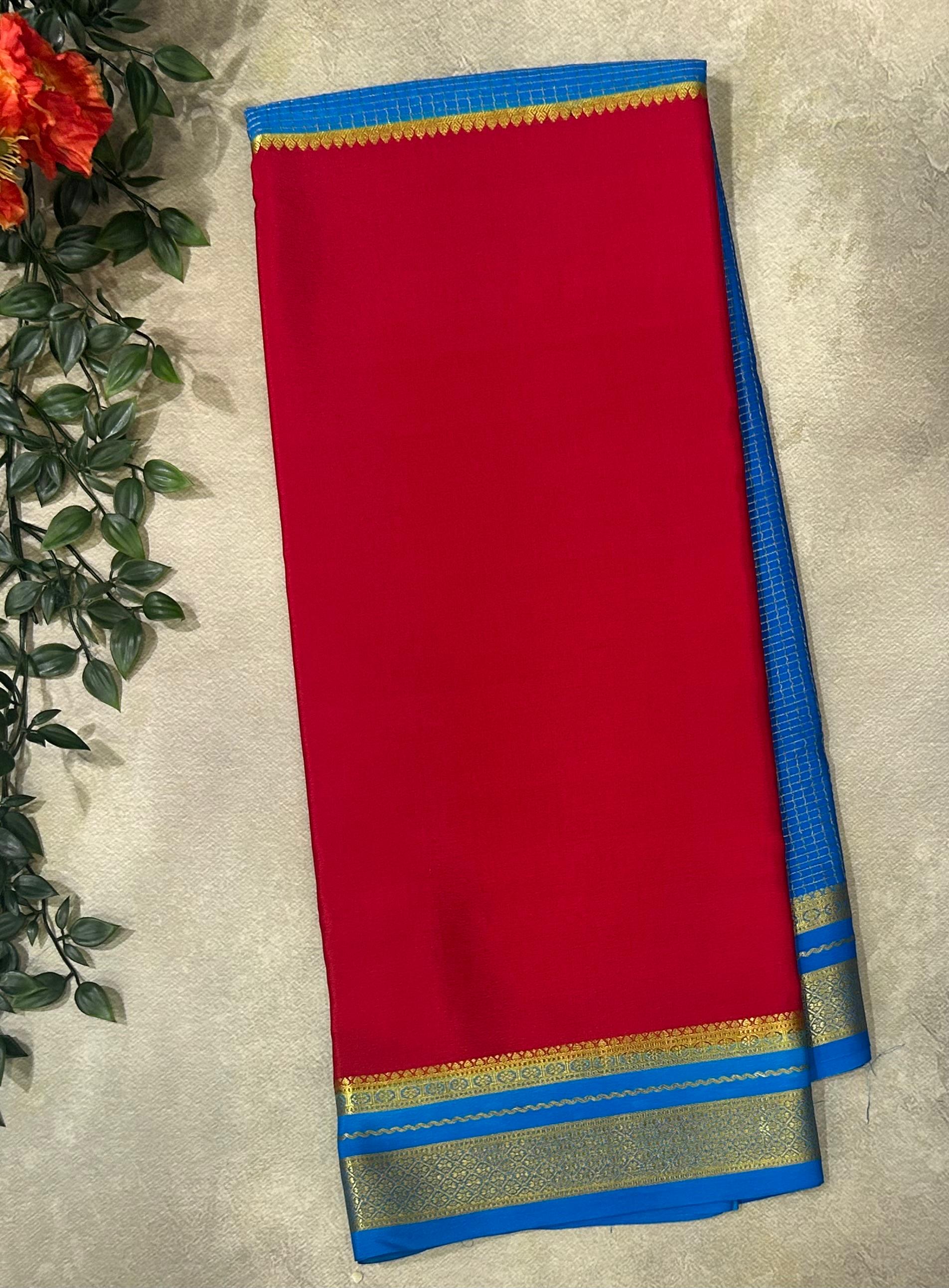 Red n blue half n half pure Mysore crepe silk saree