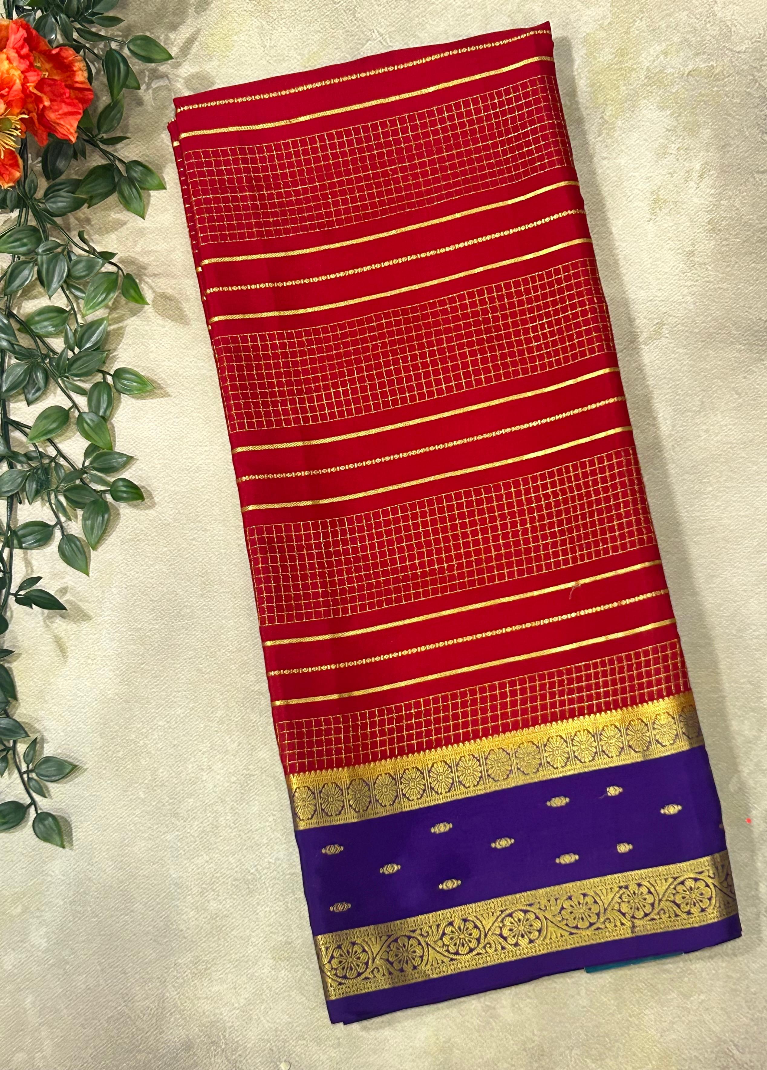 Red stripes n checks pure Mysore crepe silk saree