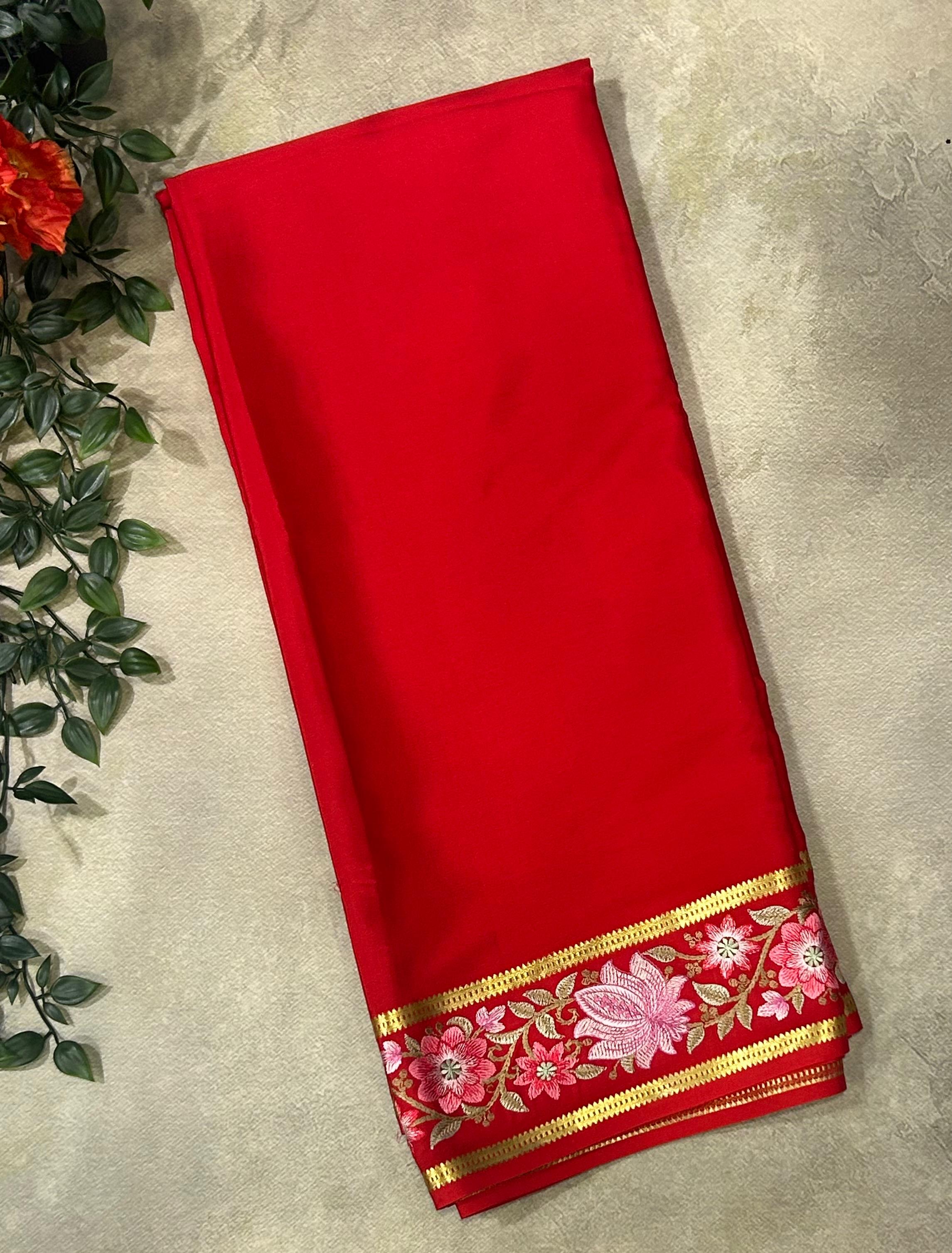 Red embrodiery pure Mysore crepe silk saree