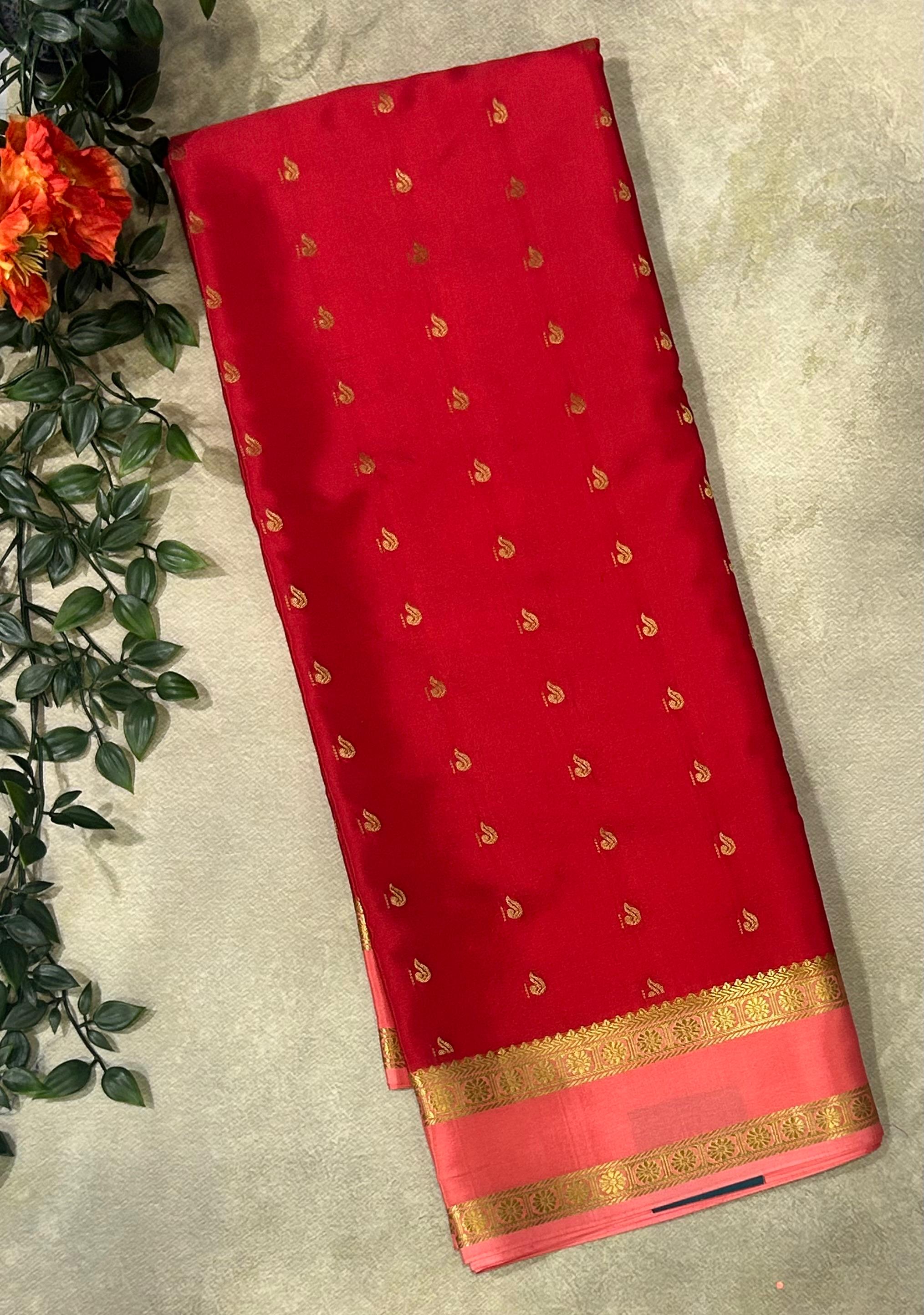Red n pink bentex border pure Mysore crepe silk saree