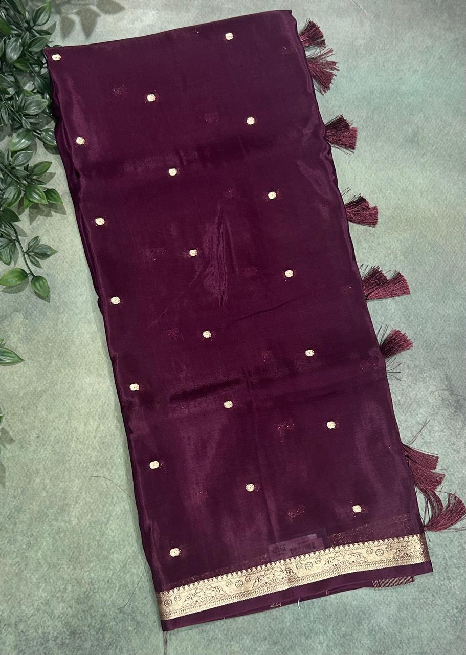 Dark wine one inch border semi mysore silk saree