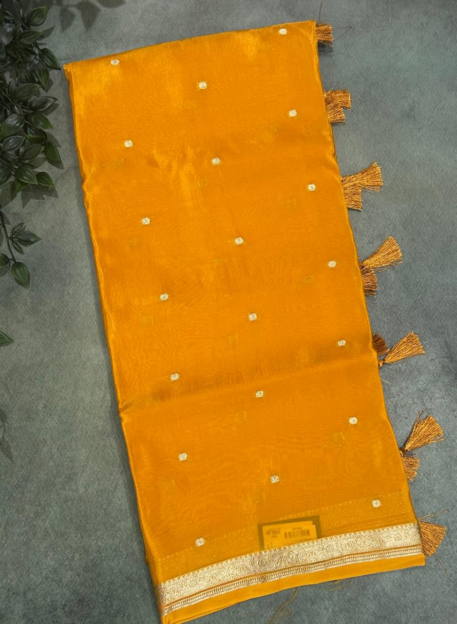 Mustard yellow one inch border semi mysore silk saree