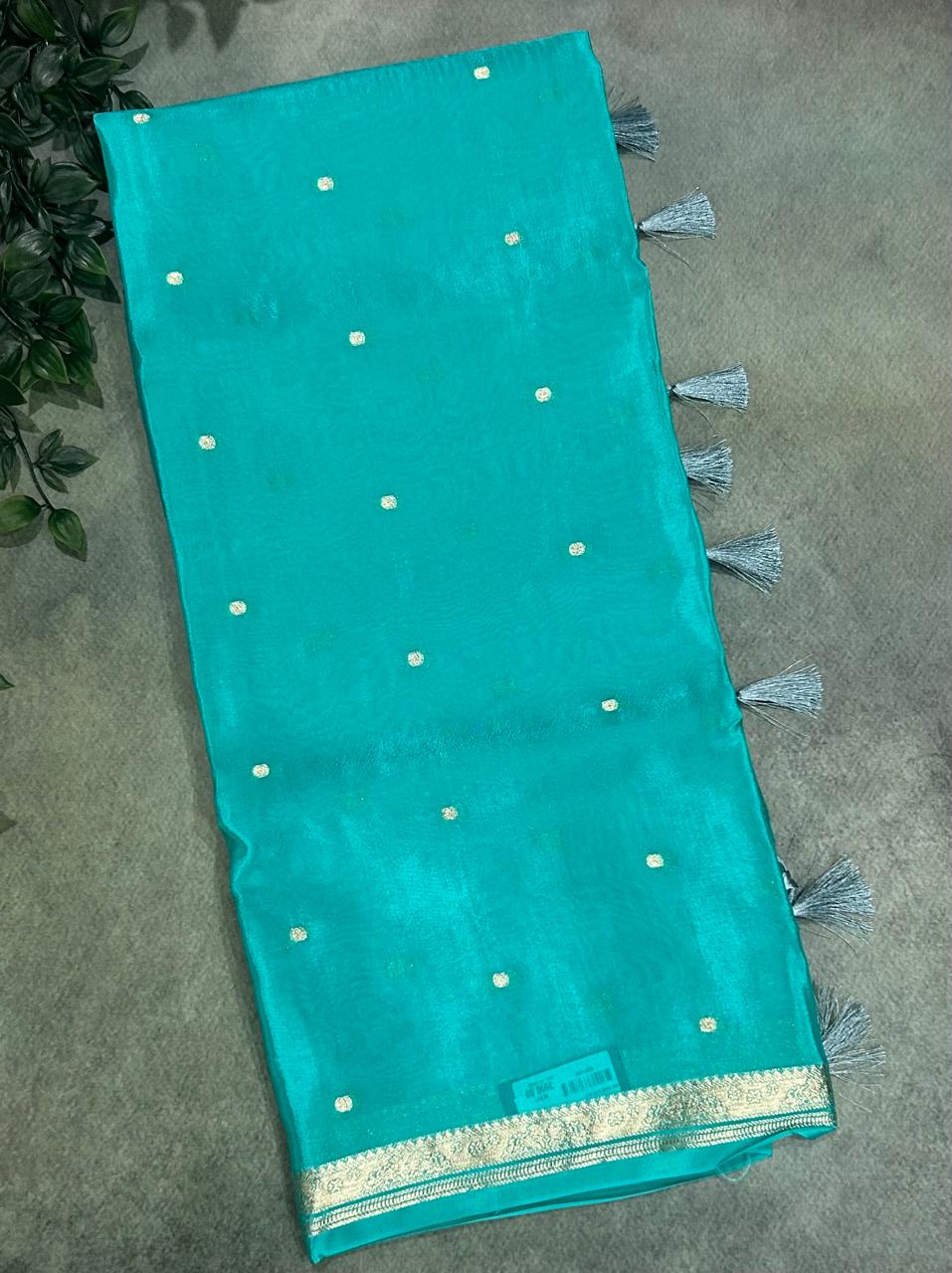 Aqua blue one inch border semi mysore silk saree