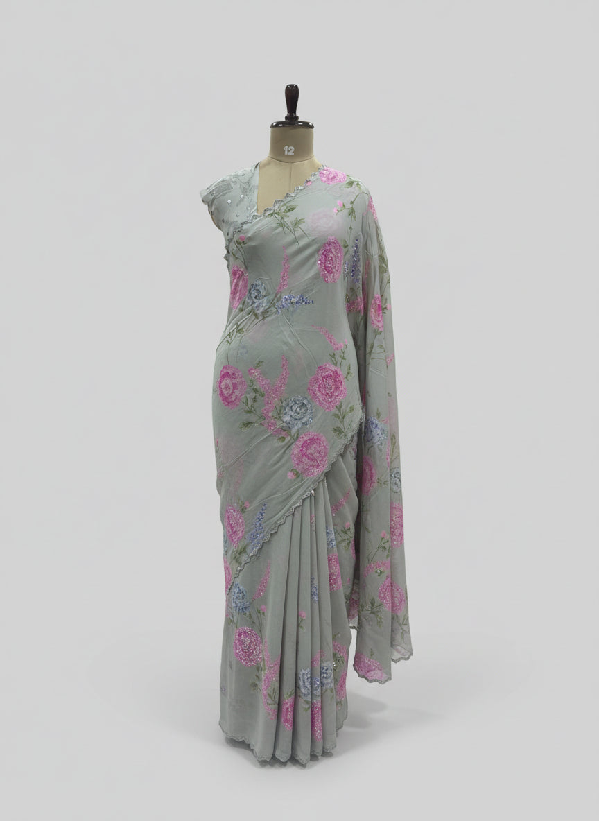 Light grey digital print stone-12 work party wear saree