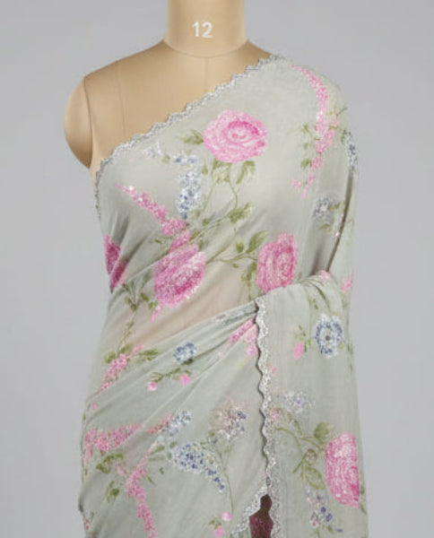 Light grey digital print stone-12 work party wear saree