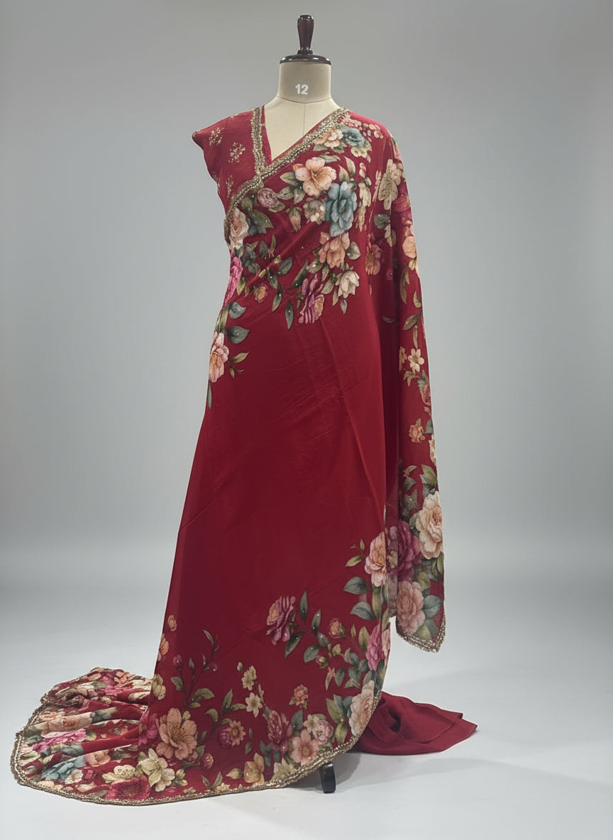 Red digital print stone-12 work party wear saree