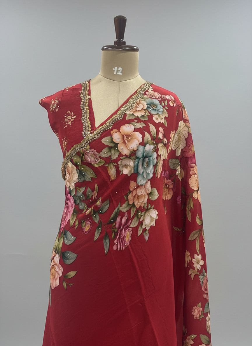 Red digital print stone-12 work party wear saree