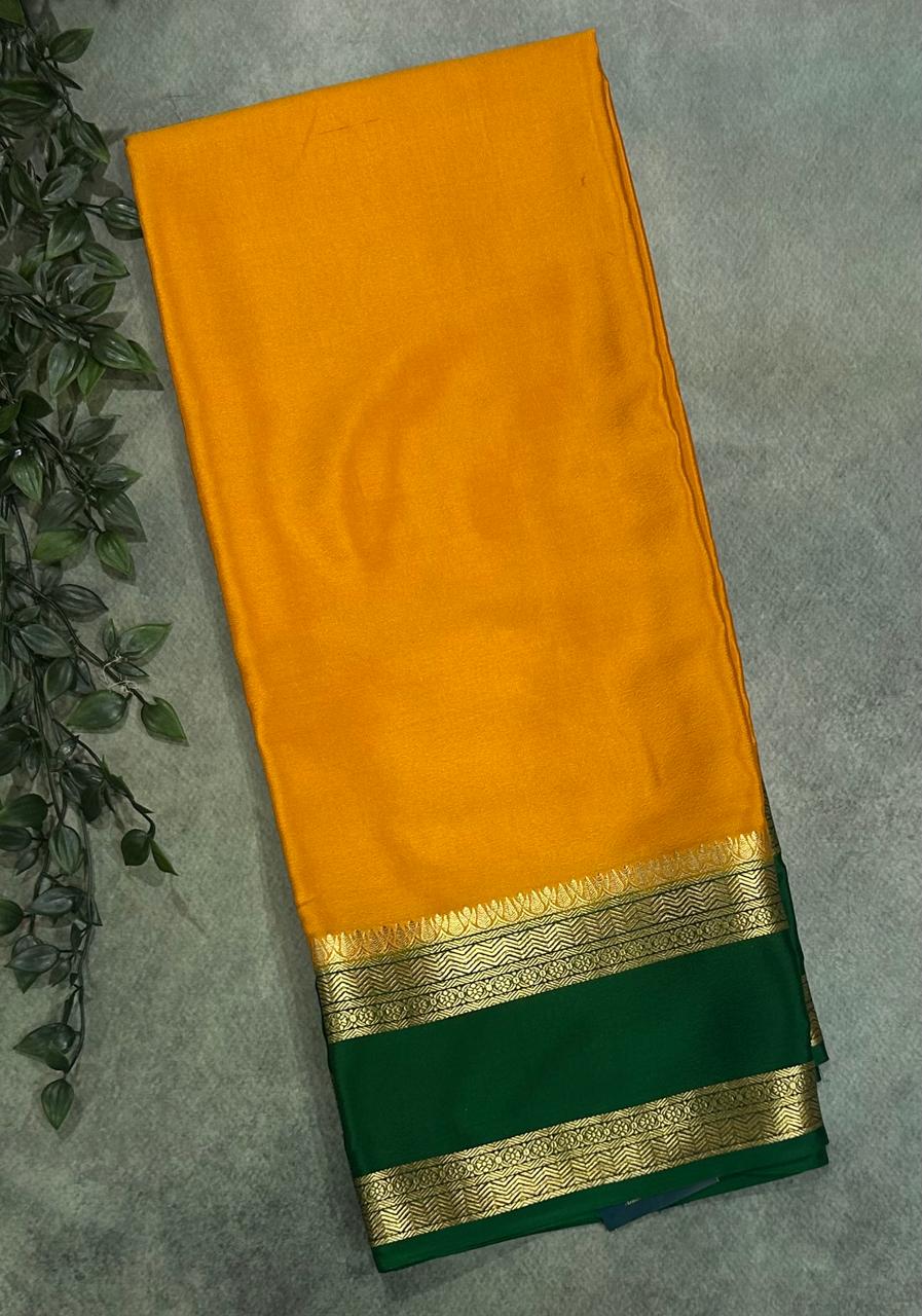 Mustard yellow n green bentex border pure mysore silk-12 saree