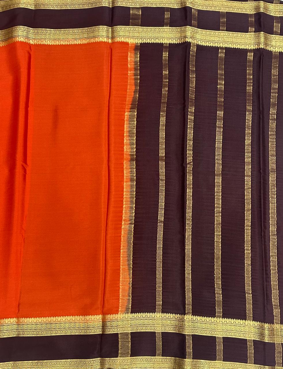 Rust orange n brown bentex border pure mysore silk-12 saree