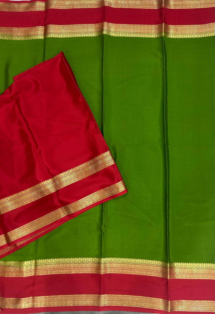 Leaf green n red bentex border pure mysore silk-12 saree