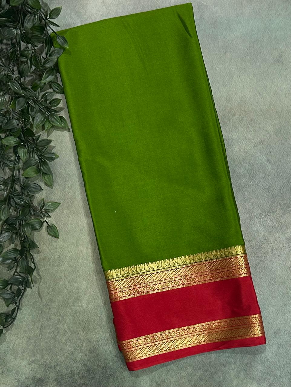 Leaf green n red bentex border pure mysore silk-12 saree