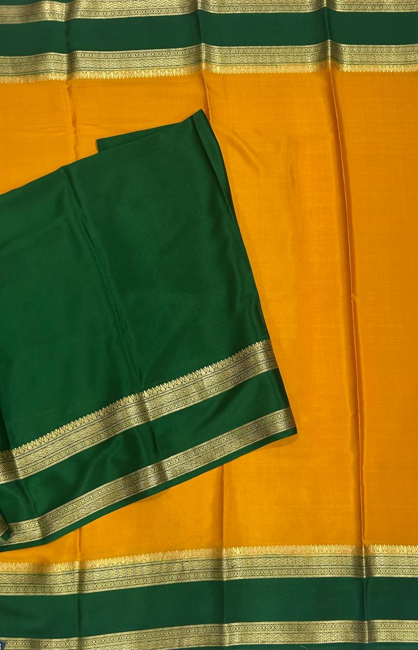 Mustard yellow n green bentex border pure mysore silk-12 saree