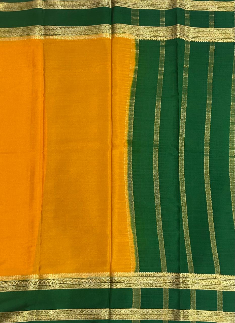 Mustard yellow n green bentex border pure mysore silk-12 saree