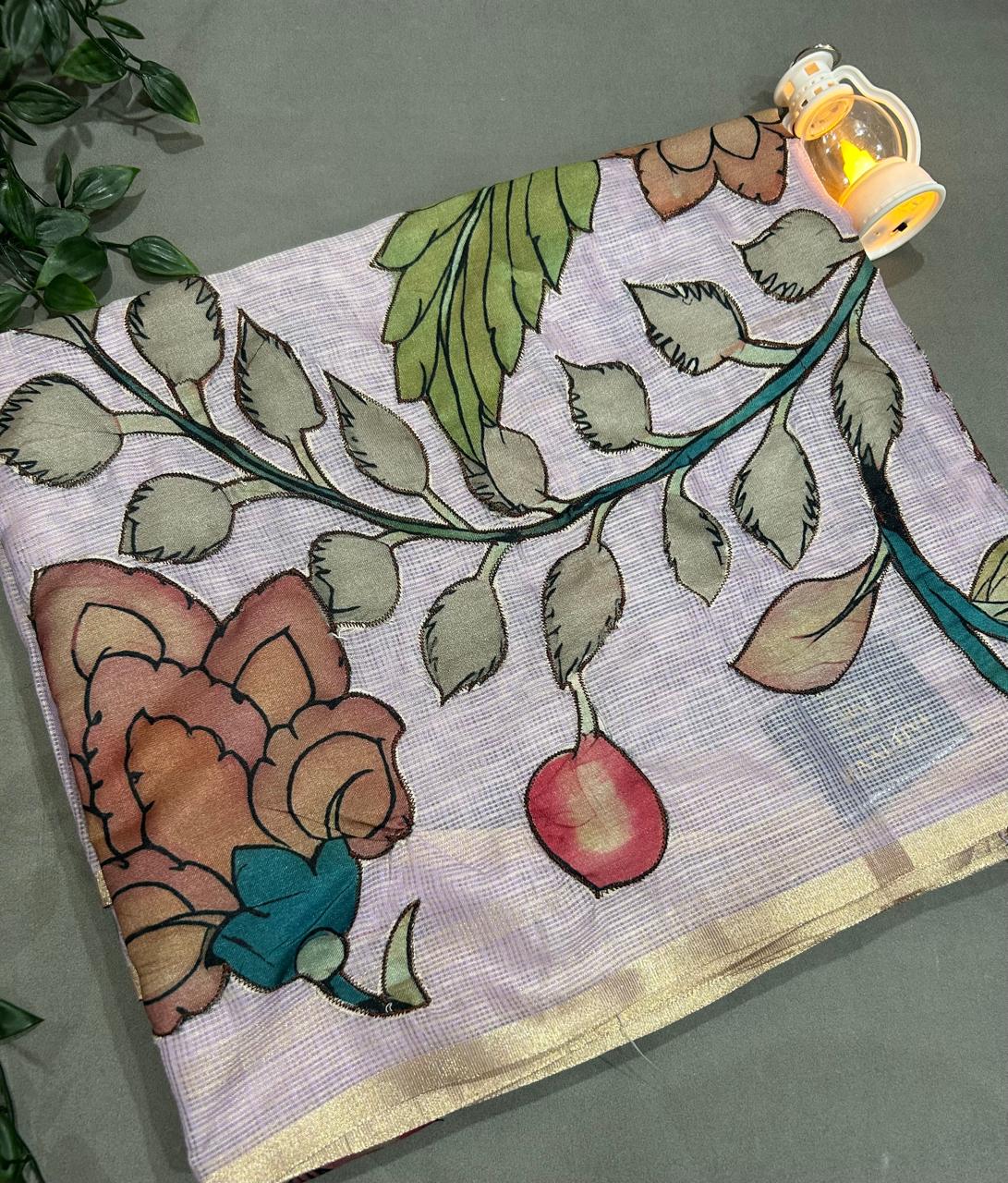 Lilac kota checks kalamkari design saree