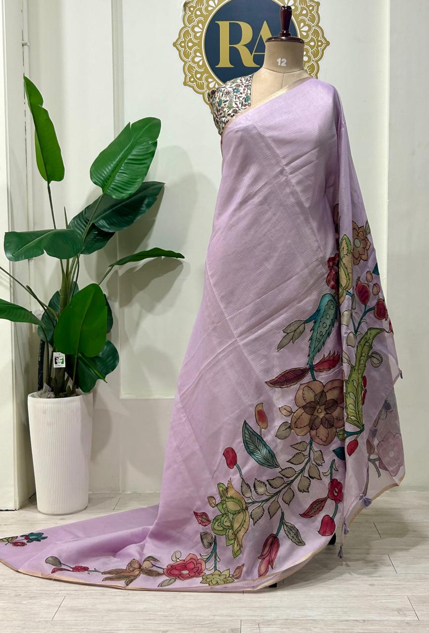 Lilac kota checks kalamkari design saree