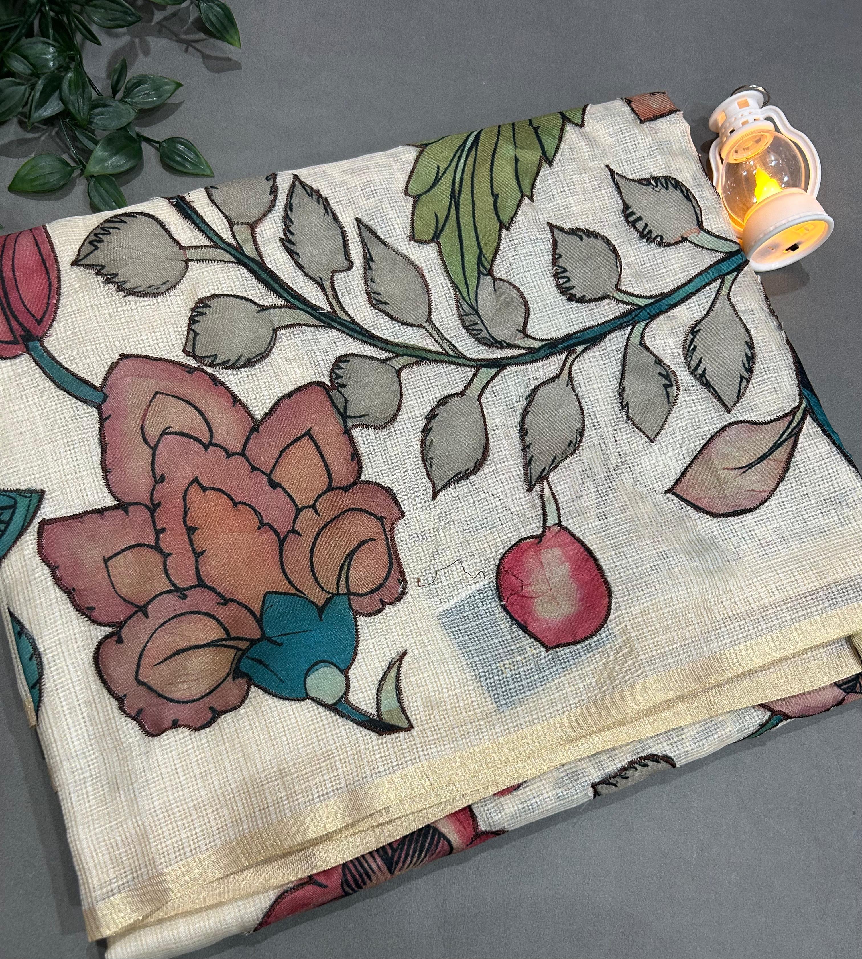 Cream kota checks kalamkari design saree