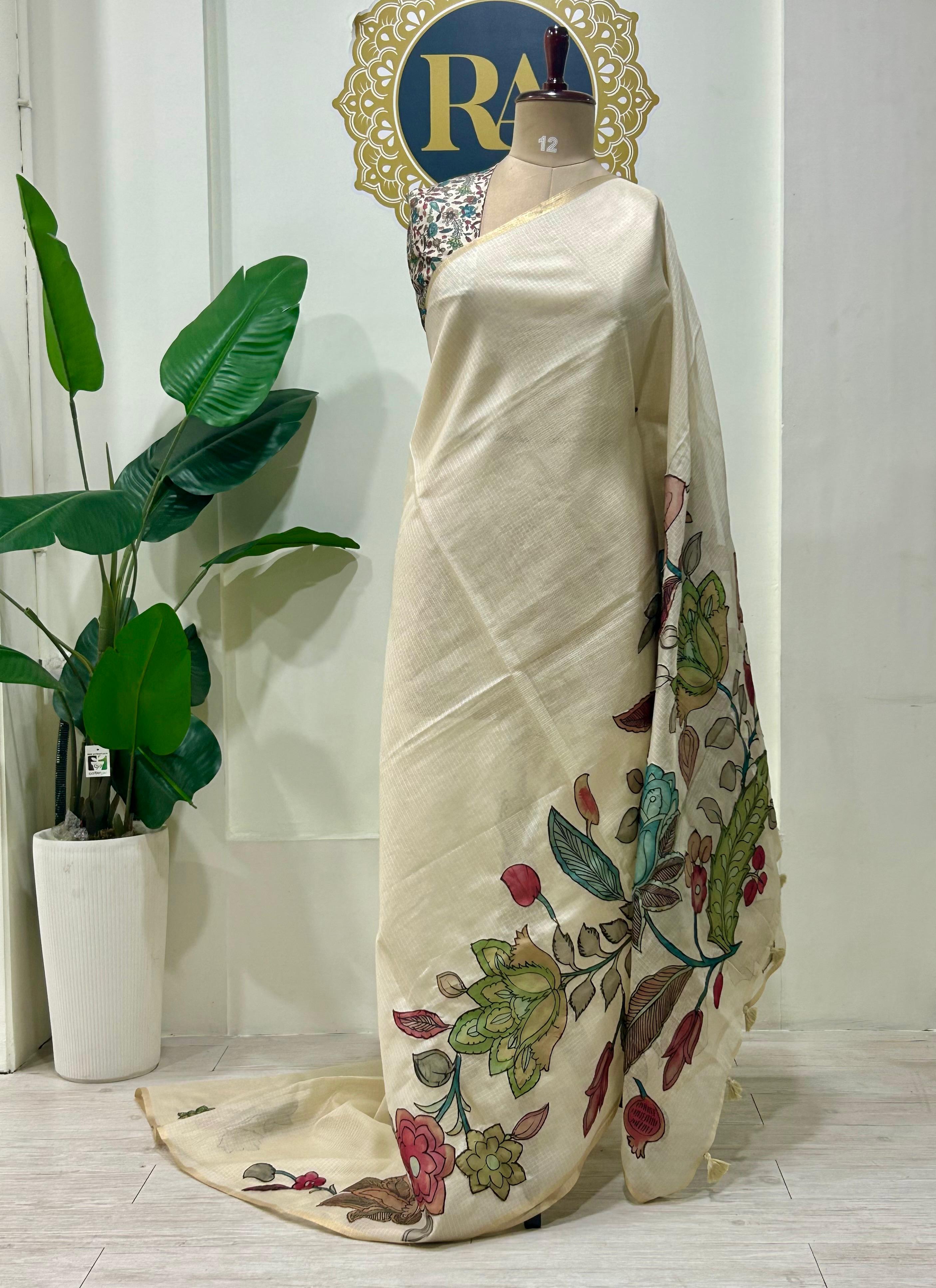 Cream kota checks kalamkari design saree