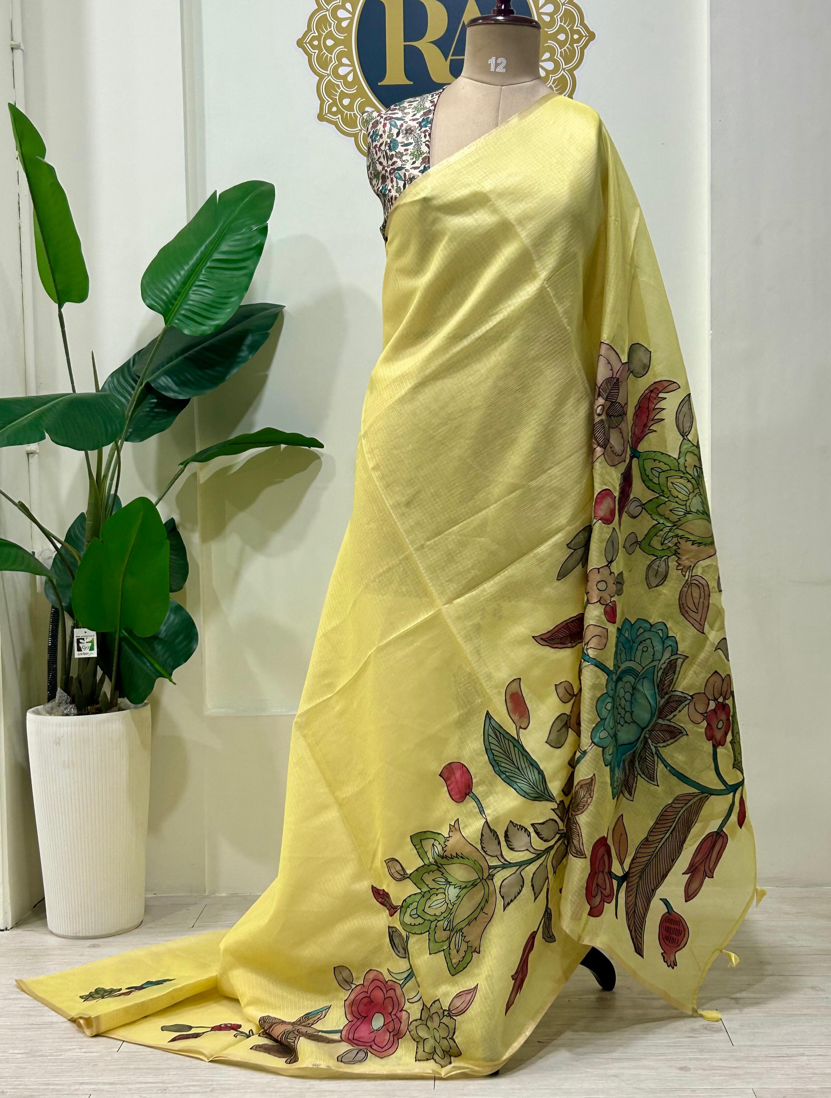 Light yellow kota checks kalamkari design saree