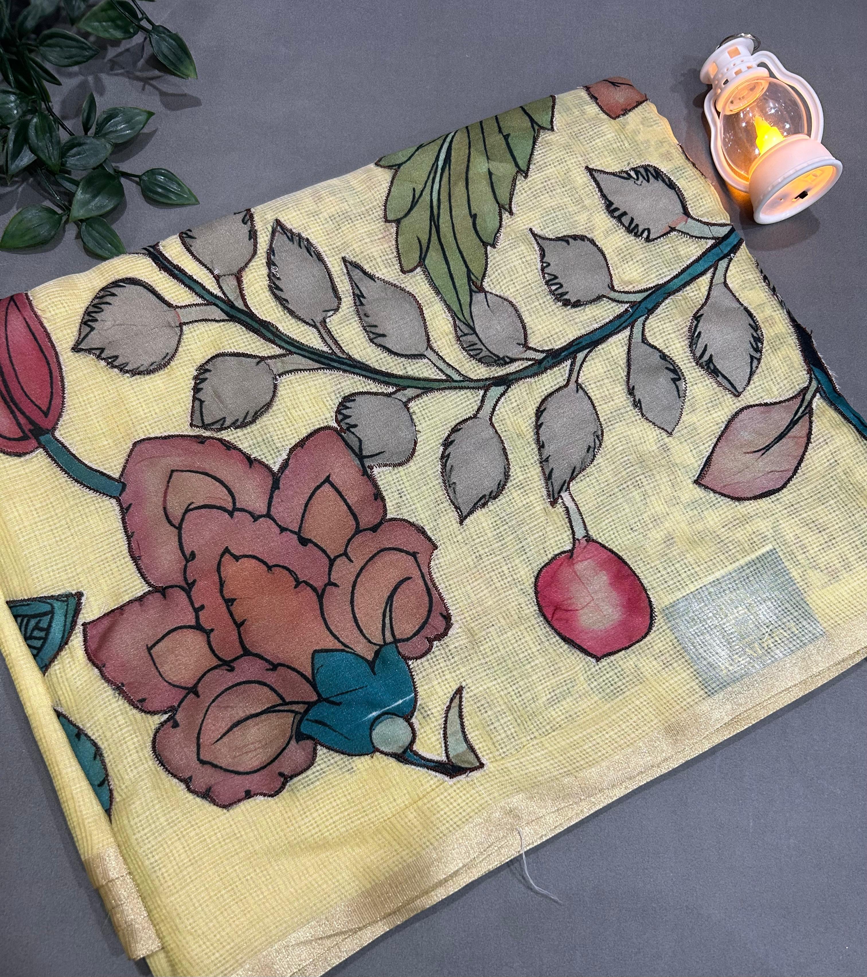 Light yellow kota checks kalamkari design saree