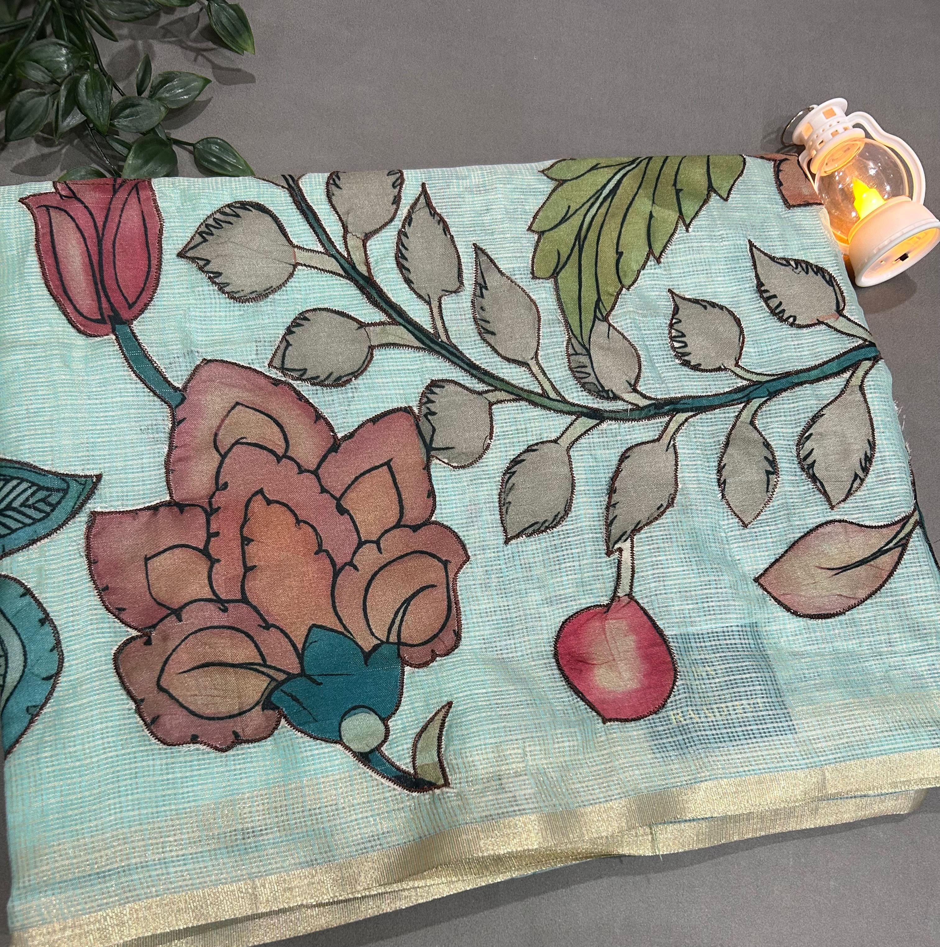 Pastel blue kota checks kalamkari design saree