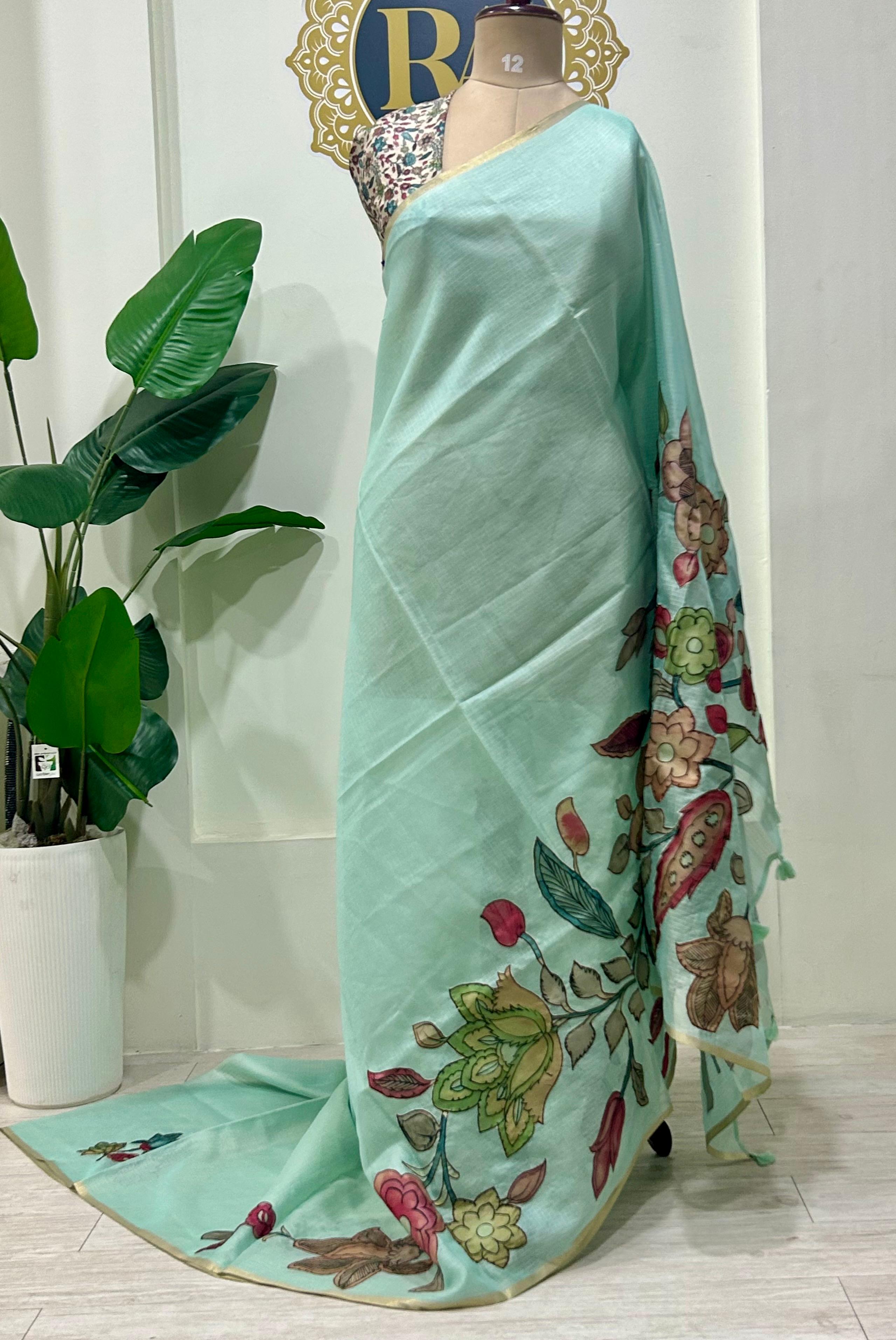 Pastel blue kota checks kalamkari design saree